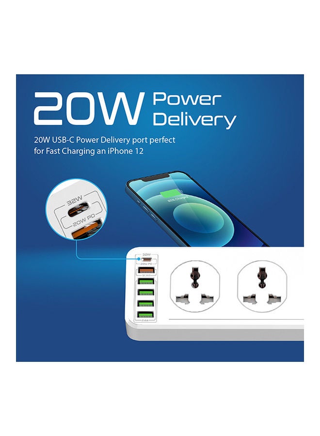 PROMATE - Power Extension, Powerful 2500W Universal 10 AC Sockets Power Strip with 5M Cord, 20W Type-C Power Delivery Port, 4 USB Smart Charge Ports and 18W QC 3.0 Port for Home/Office, Power Matrix-5M White - Image 1