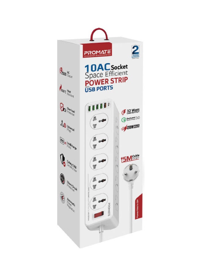 PROMATE - Power Extension, Powerful 2500W Universal 10 AC Sockets Power Strip with 5M Cord, 20W Type-C Power Delivery Port, 4 USB Smart Charge Ports and 18W QC 3.0 Port for Home/Office, Power Matrix-5M White - Image 1