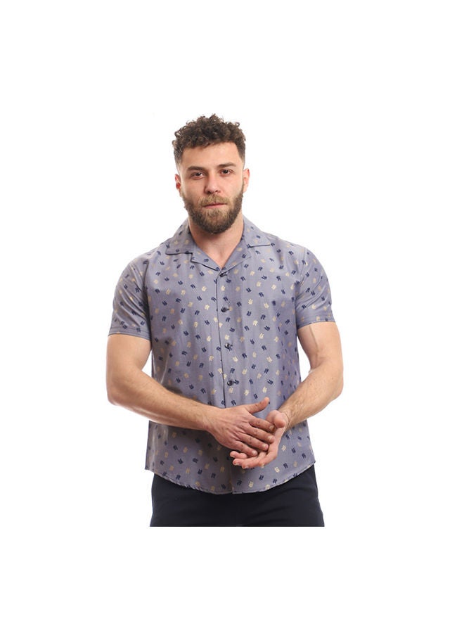 بافون Printed Collared Neck Short Sleeve Shirt Grey  - Image 1