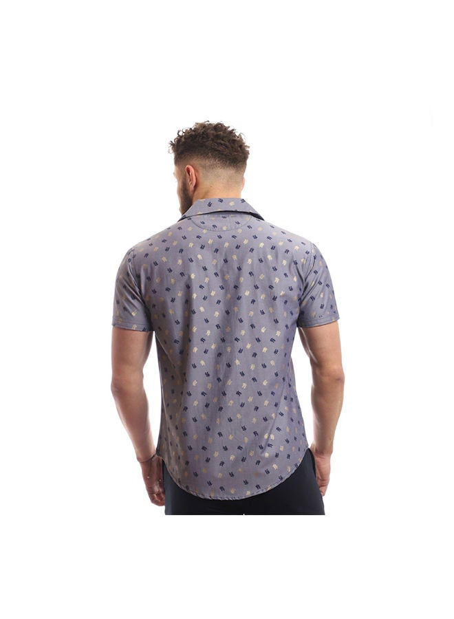بافون Printed Collared Neck Short Sleeve Shirt Grey  - Image 3