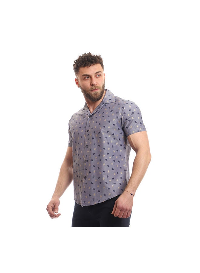 بافون Printed Collared Neck Short Sleeve Shirt Grey  - Image 2