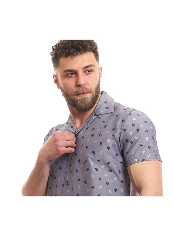 بافون Printed Collared Neck Short Sleeve Shirt Grey  - Image 4