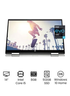 إتش بي لابتوب بافيليون x360 14-dy0002ne قابل للتحويل مزود بشاشة مقاس 14 بوصة بدقة كاملة الوضوح تعمل باللمس مع معالج إنتل كور i5-1135G7 الجيل الحادي عشر وذاكرة رام سعة 8 جيجابايت ومحرك أقراص SSD سعة 512 جيجابايت وبطاقة رسومات إنتل أيريس XE ويعمل بنظام تشغيل ويندوز 10 هوم - إصدار عالمي الإنجليزية/العربية فضي  - Image 1