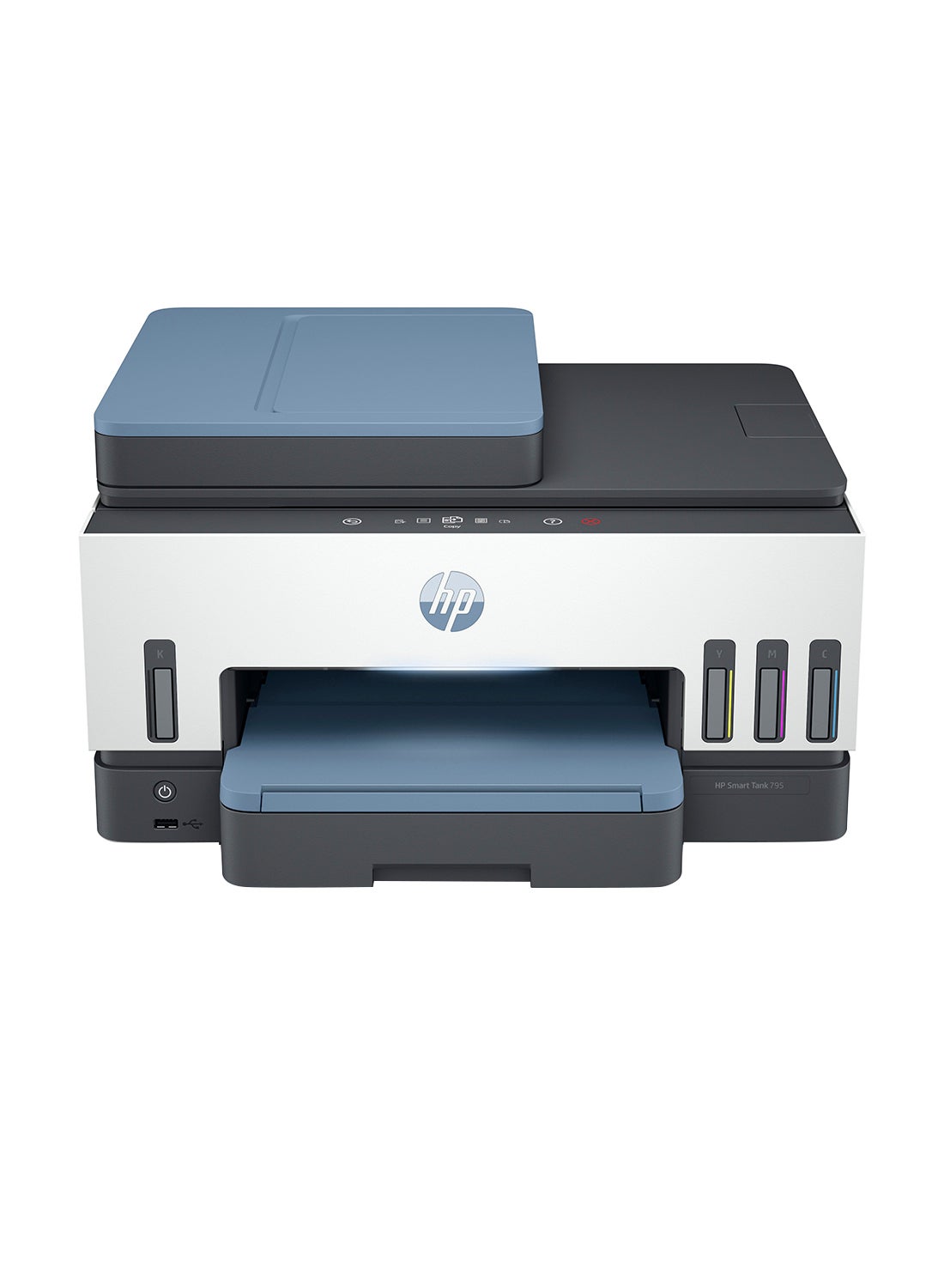 HP Smart Tank 795 All-In-One Duplex Wifi High Capacity Inktank Multi-Function WiFi Color Ink Tank Printer with Voice Activated Printing Google Assistant & Alexa (Borderless Printing) For Print/Copy/Scan with ADF & FAX (Up To 12000 Black, 8000 Colour Pages Of Ink In Box) White/Blue 