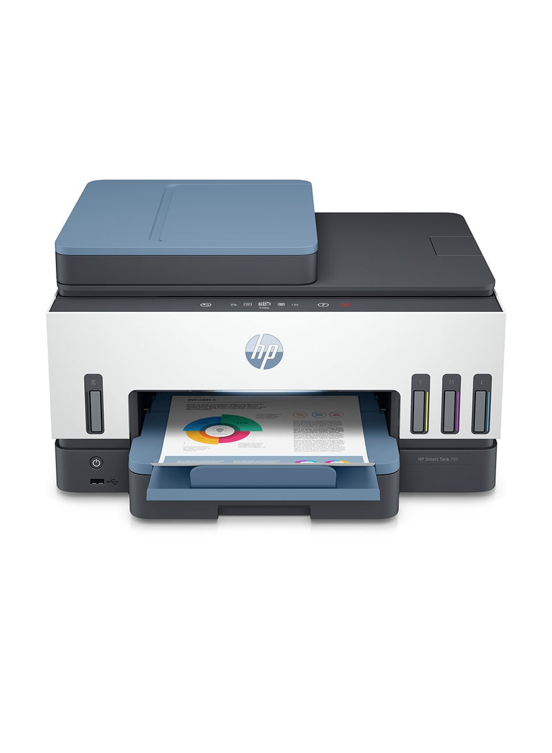 HP - Smart Tank 795 All-In-One Duplex Wifi High Capacity Inktank Multi-Function WiFi Color Ink Tank Printer (Borderless Printing) For Print/Copy/Scan with ADF & FAX (Up To 18000 Black or 8000 Colour Pages with Original HP Ink Bottles) White/Blue - Image 1