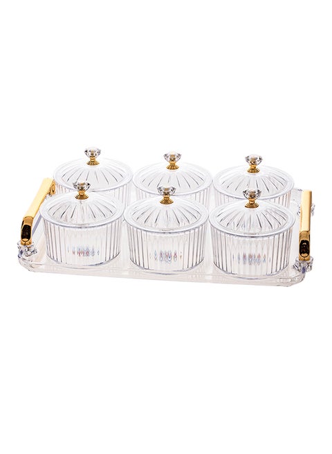 6-Piece Sugar Bowls Set With Tray Clear/Gold 30x22x2cm