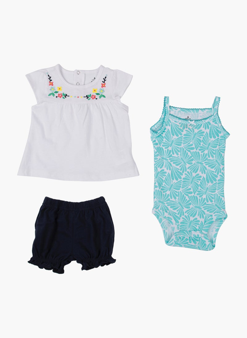 POP MAGIC Baby Girl 3-Piece Top Bottom And Romper Combo Set Light Blue/White - Image 1