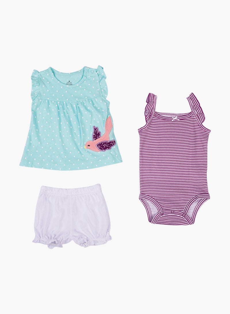 POP MAGIC Baby Girl 3-Piece Top Bottom And Romper Combo Set Blue/Lilac - Image 1