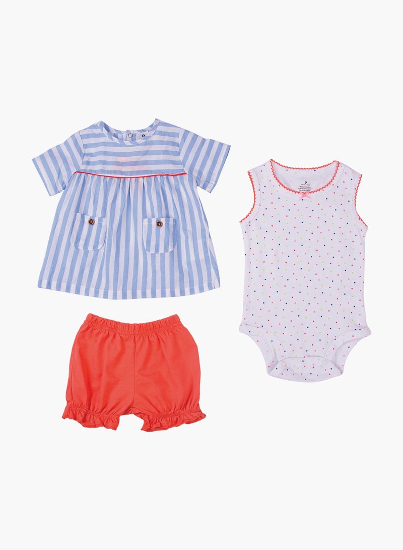 POP MAGIC Baby Girl 3-Piece Top Bottom And Romper Combo Set White/Orange - Image 1