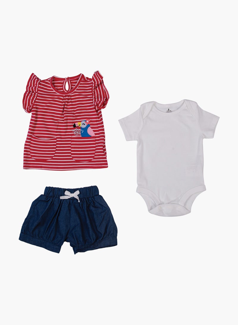 POP MAGIC Baby Girl 3-Piece Top Bottom And Romper Combo Set Red/White  - Image 1