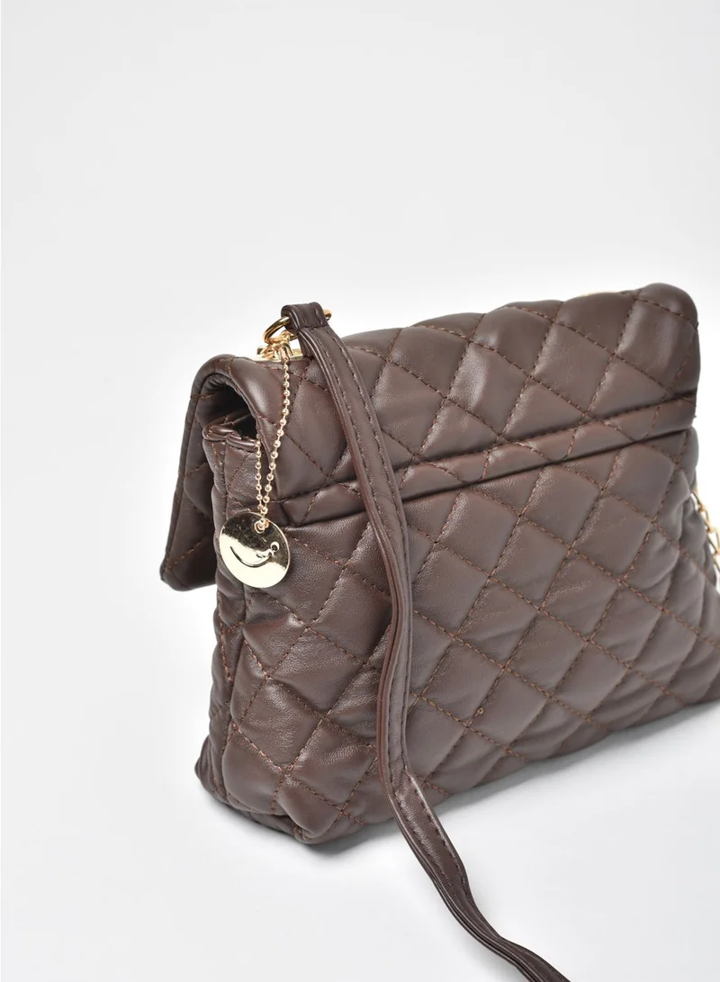 Jove Quilted Pattern Half Chain Strap Crossbody Bag Brown