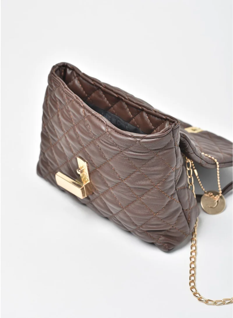 Jove Quilted Pattern Half Chain Strap Crossbody Bag Brown