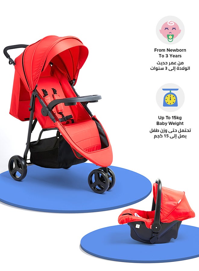 Bebi Allrounder Travel System 3 Wheels Lightweight Stroller With Baby Car seat Compact And Safe For Newborn To 3 Years Red - Image 1