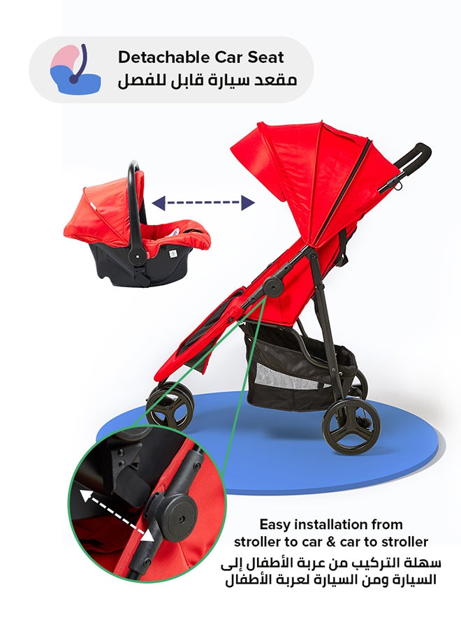 Bebi Allrounder Travel System 3 Wheels Lightweight Stroller With Baby Car seat Compact And Safe For Newborn To 3 Years Red - Image 4