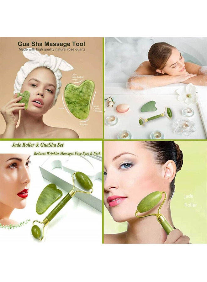 Jade Roller Massage Set Anti-Aging Natural Jade Face Roller Set Green  - Image 2