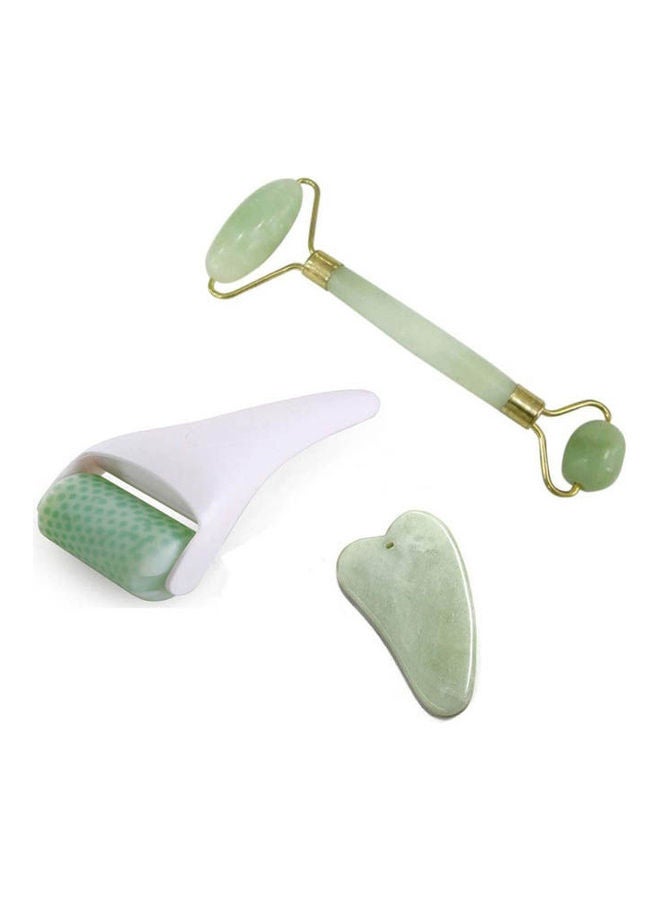 3 Pack Facial Jade Roller For Face + Facial Ice Roller + Gua Sha Stone Tool For Cellulite Body Face Puffiness Massage Green - Image 1
