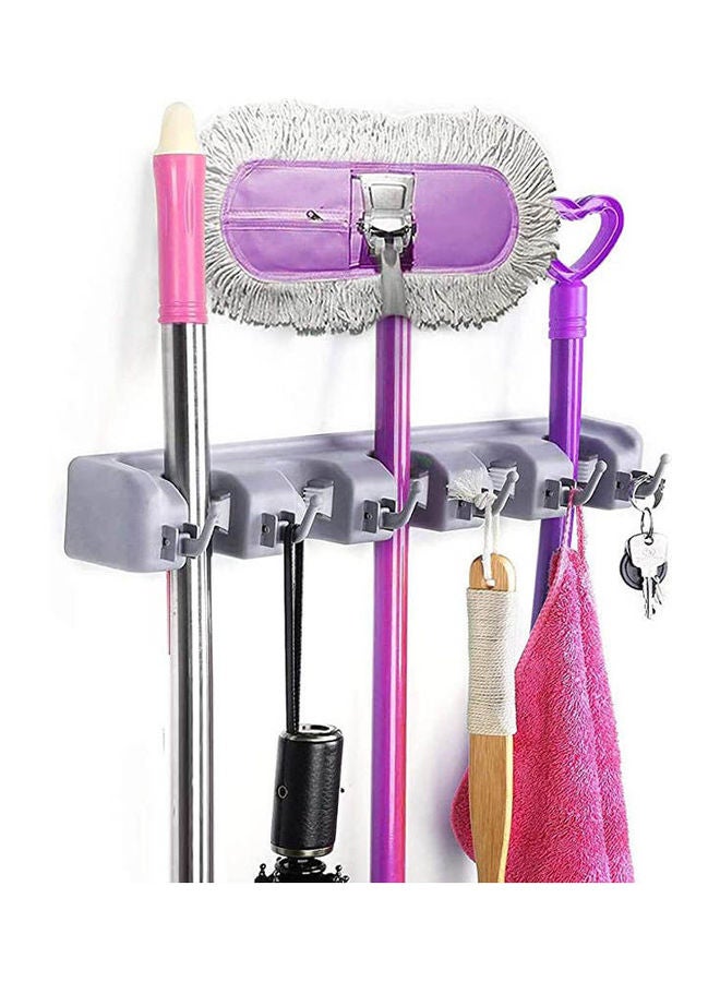 COPPS Mop Broom Holder Wall Mounted Kitchen Tool Organizer and Storage Rack, 6 Hooks and 5 Slots Grey 15.7inch - Image 1