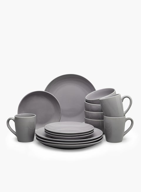16-Piece Stoneware Dinner Set Plates, Bowls, Mugs, Serves 4 Medium Grey