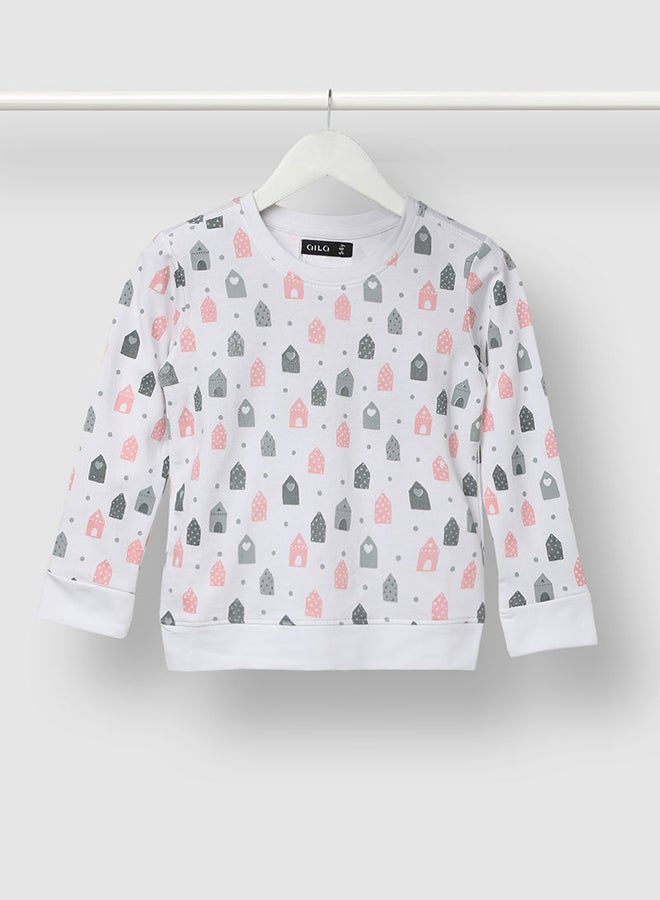 Aila Long Sleeve Girls All Over Printed Sweatshirt White/Black/Red  - Image 1