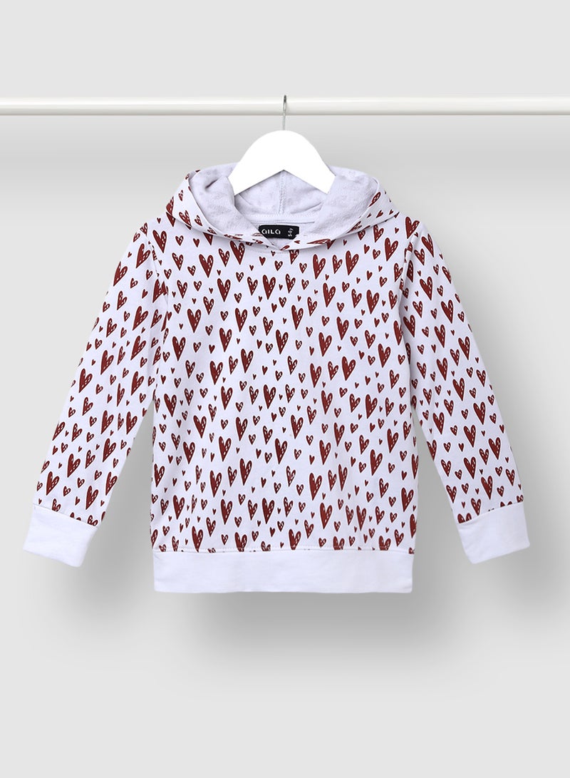 Aila Girls All Over Printed Casual Hoodie Red/White  - Image 1