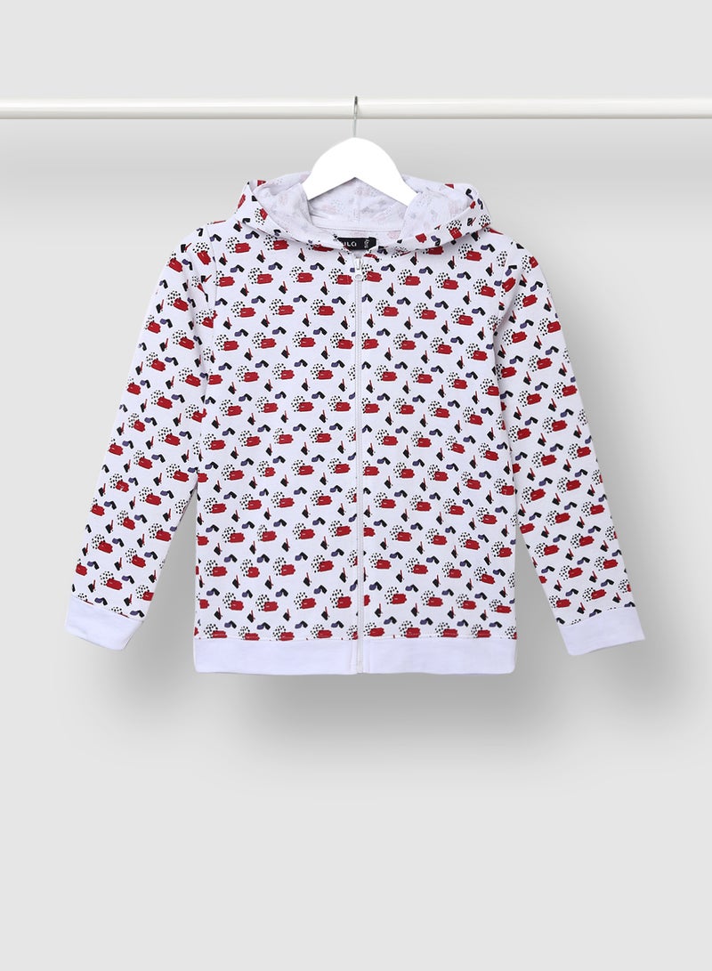 Aila Trendy Girls All Over Printed Zipper Hoodie White/Red  - Image 1