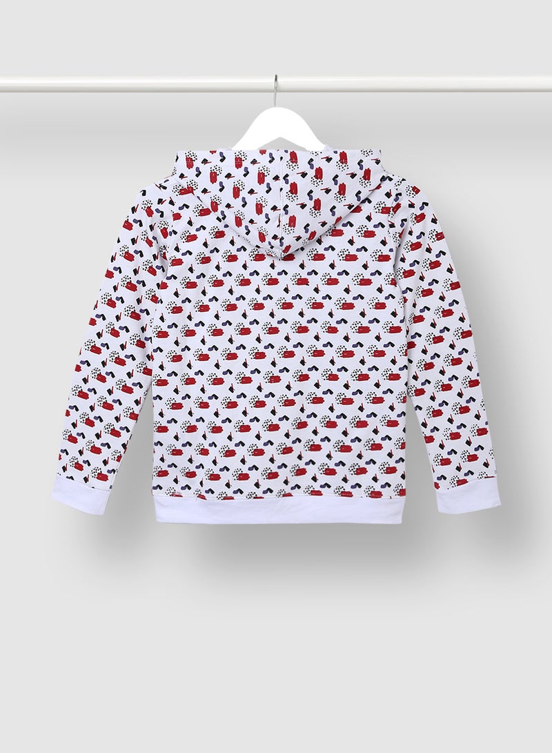 Aila Trendy Girls All Over Printed Zipper Hoodie White/Red  - Image 2