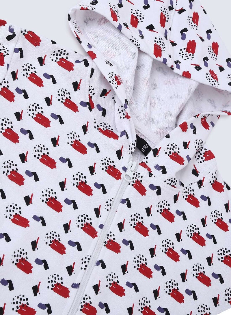 Aila Trendy Girls All Over Printed Zipper Hoodie White/Red  - Image 3