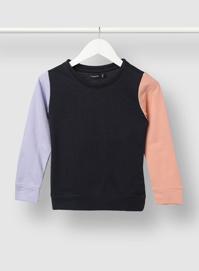 Aila Girls Colourblock Casual Sweatshirt Black  - Image 1
