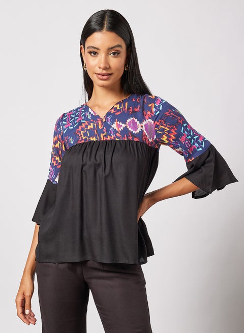 Abstract Printed Bell Sleeves A-Line Top Multicolour