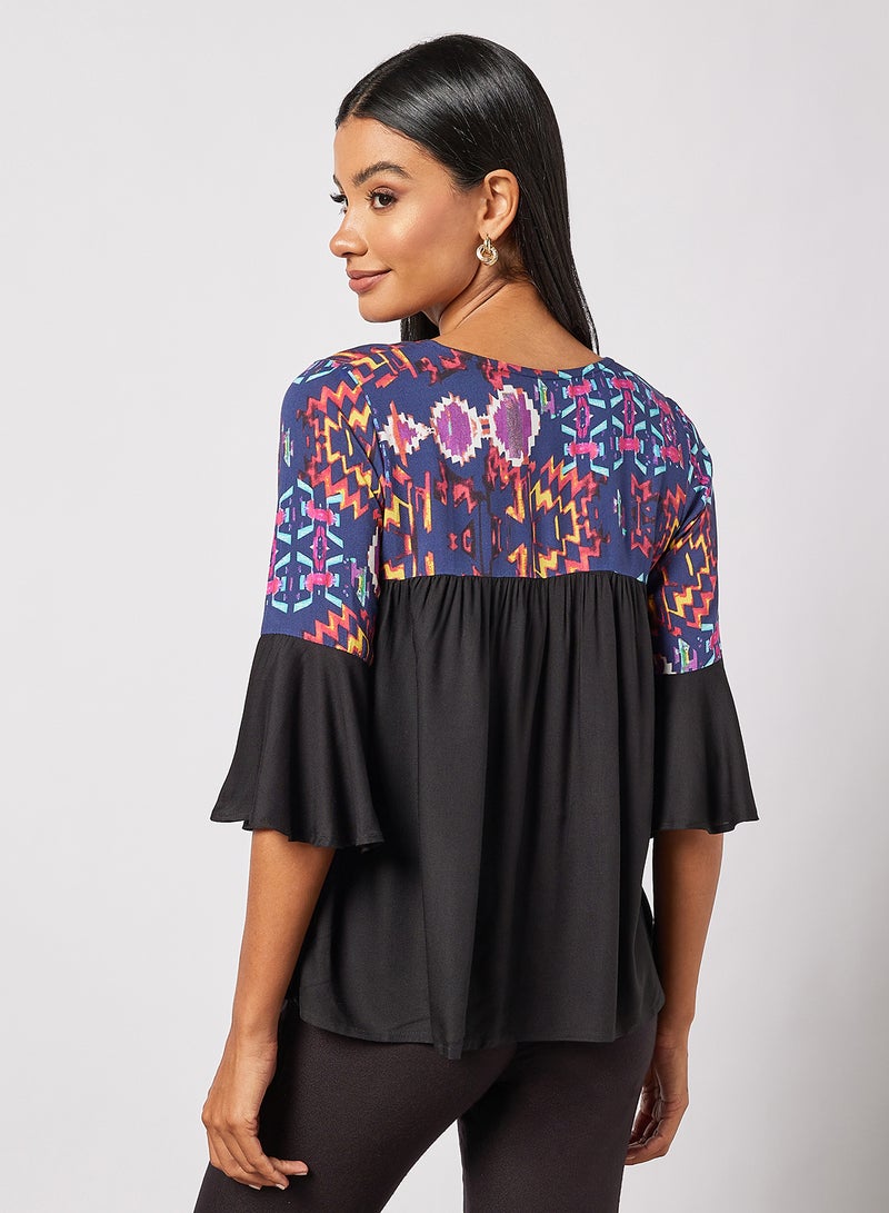 HERE&NOW - Abstract Printed Bell Sleeves A-Line Top Multicolour - Image 1