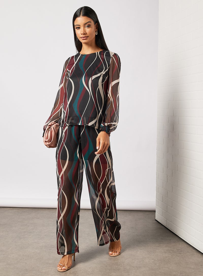I.Scenery - High Waist Wave Print Pants Black - Image 1