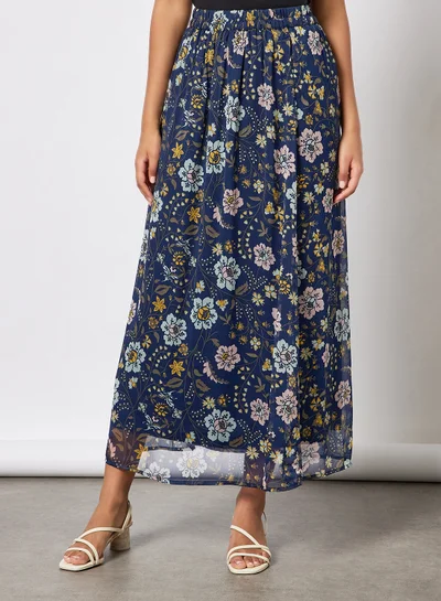 I.Scenery Floral Print Maxi Skirt Navy