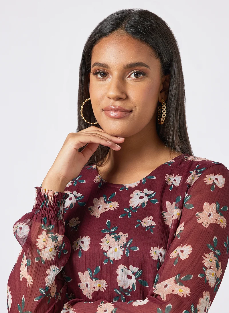 I.Scenery Floral Print Top Brown
