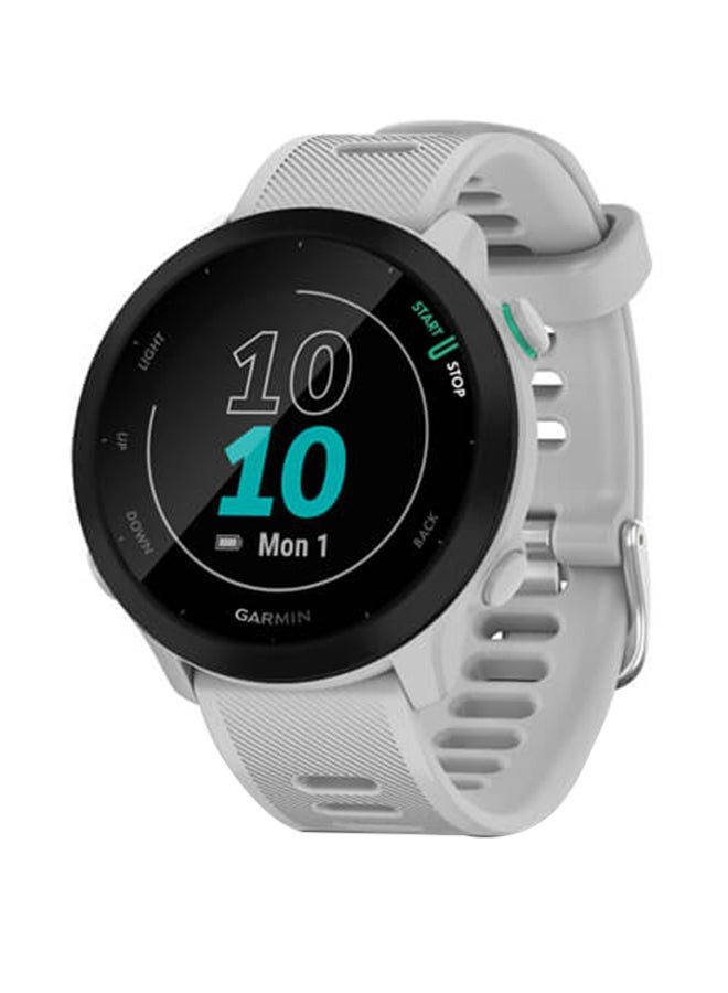 GARMIN - Forerunner 55 - 42MM - Up To 14 Days Battery Life - 1.04"inch Sunlight-Visible Display, Scratch Resistant, Chemically Strengthened Glass, Heart Rate Monitor, All Day Stress Monitor, Advanced GPS and Running Features, Built-in GNSS and Sports App, iOS and Android Compatible White - Image 1