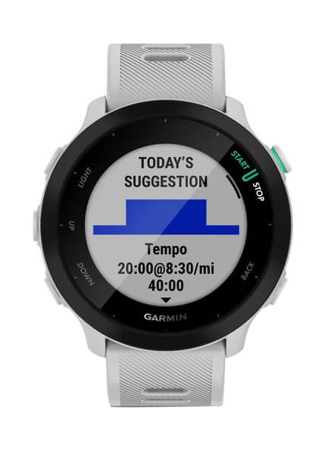 GARMIN - Forerunner 55 - 42MM - Up To 14 Days Battery Life - 1.04"inch Sunlight-Visible Display, Scratch Resistant, Chemically Strengthened Glass, Heart Rate Monitor, All Day Stress Monitor, Advanced GPS and Running Features, Built-in GNSS and Sports App, iOS and Android Compatible White - Image 1
