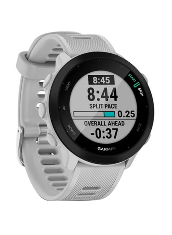 GARMIN - Forerunner 55 - 42MM - Up To 14 Days Battery Life - 1.04"inch Sunlight-Visible Display, Scratch Resistant, Chemically Strengthened Glass, Heart Rate Monitor, All Day Stress Monitor, Advanced GPS and Running Features, Built-in GNSS and Sports App, iOS and Android Compatible White - Image 1