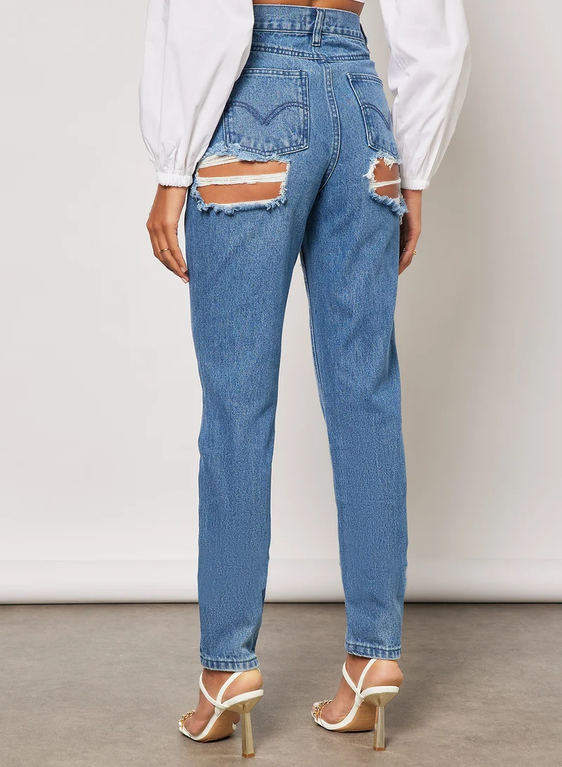 FEMME LUXE Ripped Back Mom Jeans