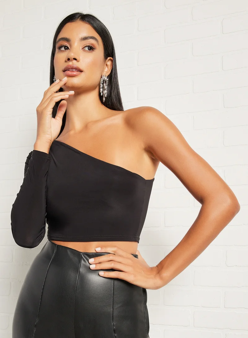 FEMME LUXE One Shoulder Long Sleeve Top Black
