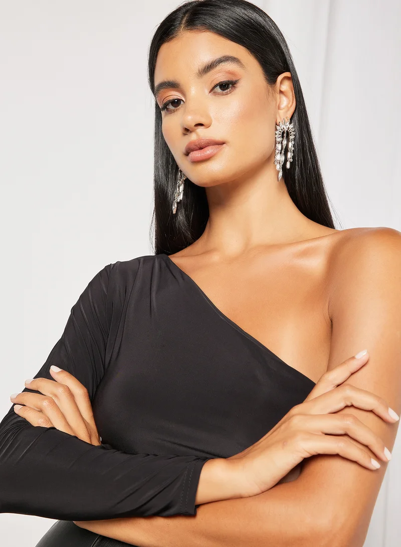 FEMME LUXE One Shoulder Long Sleeve Top Black