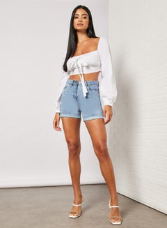 FEMME LUXE High Waist Denim Shorts Stonewash Blue  - Image 4