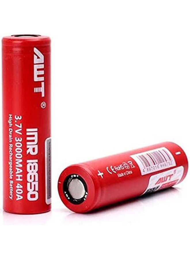 2 Pcs AWT Rechargeable Battery 18650-3000MaH Flat Top Red  - Image 1