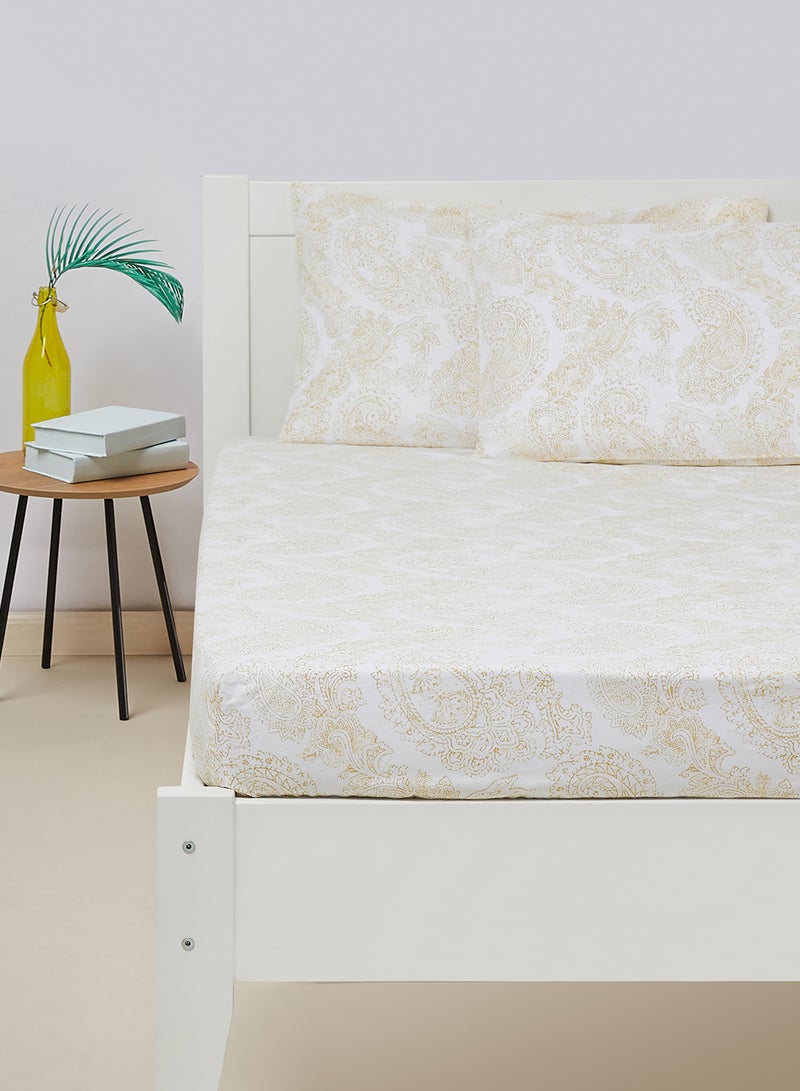 Amal - Fitted Bedsheet Set Single Size High Quality 100% Cotton Percale 144 TC Light Weight Everyday Use 1 Bed Sheet And 2 Pillow Cases Printed Beige/White Cotton Beige/White - Image 1