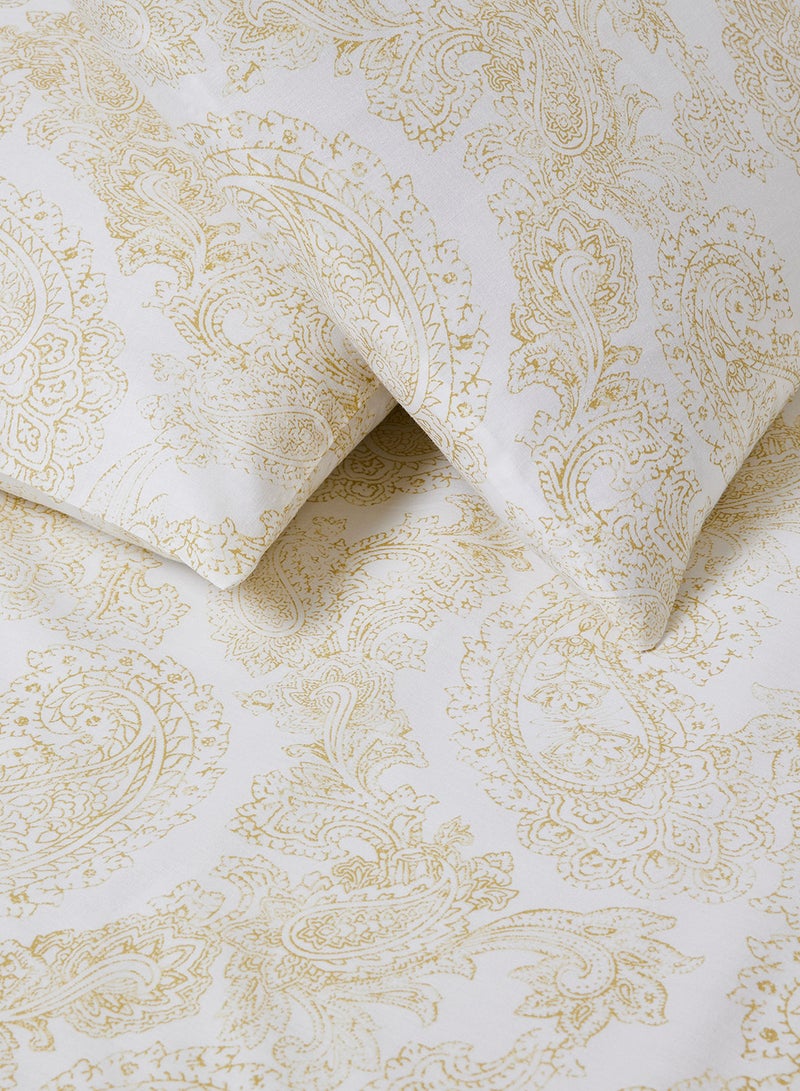 Amal - Fitted Bedsheet Set Single Size High Quality 100% Cotton Percale 144 TC Light Weight Everyday Use 1 Bed Sheet And 2 Pillow Cases Printed Beige/White Cotton Beige/White - Image 1