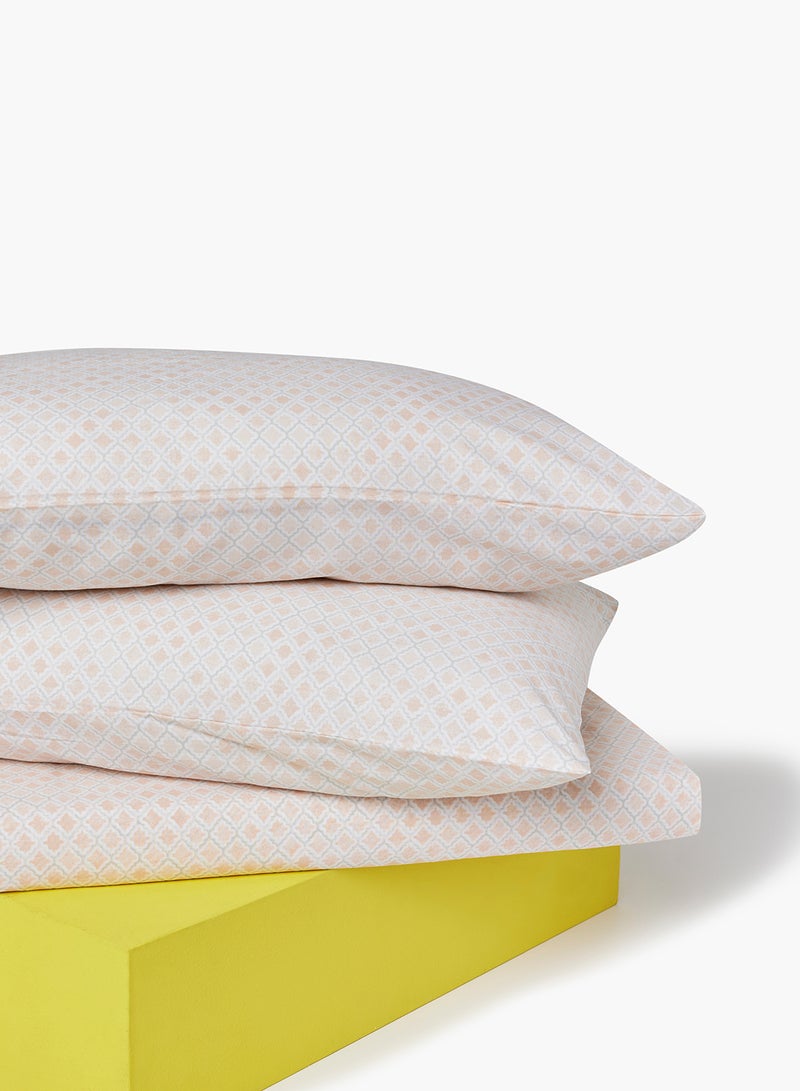 Amal - Fitted Bedsheet Set King Size High Quality 100% Cotton Percale 144 TC Light Weight Everyday Use 1 Bed Sheet And 2 Pillow Cases Printed Geometric Coral Cotton Geometric Coral - Image 1