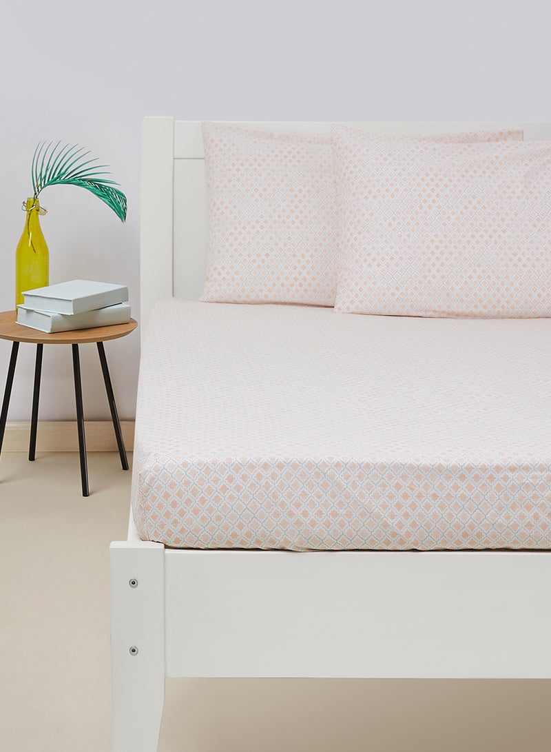 Amal - Fitted Bedsheet Set King Size High Quality 100% Cotton Percale 144 TC Light Weight Everyday Use 1 Bed Sheet And 2 Pillow Cases Printed Geometric Coral Cotton Geometric Coral - Image 1
