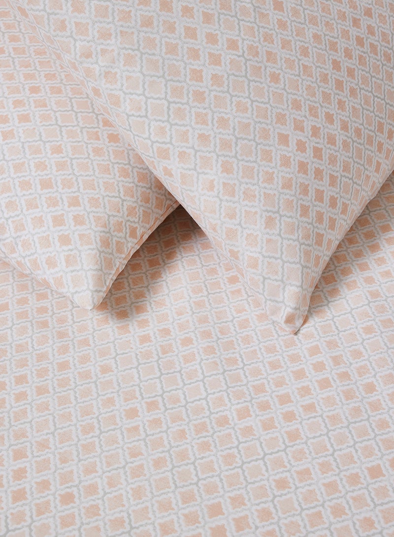 Amal - Fitted Bedsheet Set King Size High Quality 100% Cotton Percale 144 TC Light Weight Everyday Use 1 Bed Sheet And 2 Pillow Cases Printed Geometric Coral Cotton Geometric Coral - Image 1