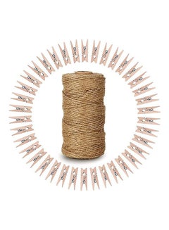 KINGLAKE Natural Jute Twine With 100 Pcs Mini Natural Wooden Clothespins Photo Pegs Craft Pictures Clips Brown 100meter  - Image 1