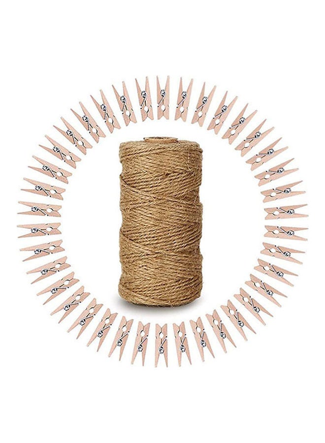 كينجلاك Natural Jute Twine With 100 Pcs Mini Natural Wooden Clothespins Photo Pegs Craft Pictures Clips Brown 100meter  - Image 1