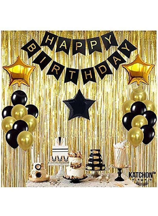 Generic - Black,Gold Balloons And Paper Pom Poms Party Supplies For Birthday Decoration With Pale Champagne Metallic Foil Fringe Tinsel Curtain Happy Birthday Party Decoration Backdrop,Black Decoration Kit ‎24.6x15.4x4.4 - Image 1