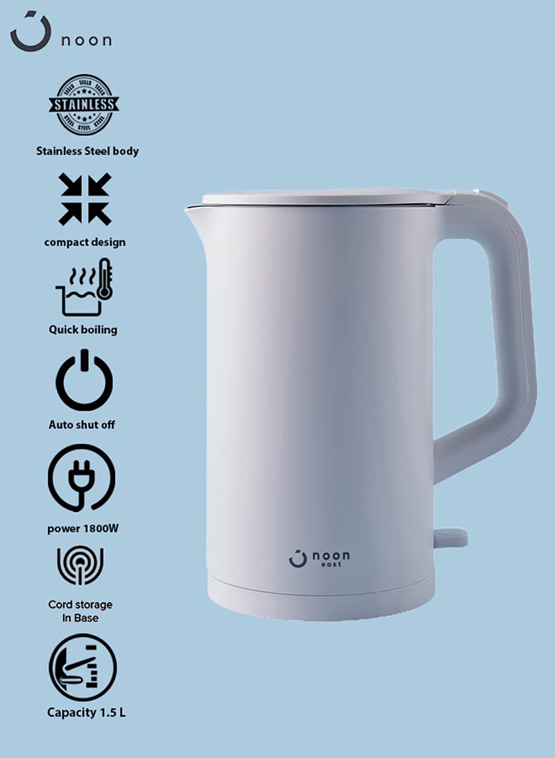 Noon East - Electric Kettle And Water Boiler - 1.5 Liter 1800 W Double Insulated- White 1.5 L 1800 W KESS4008_WH White - Image 1